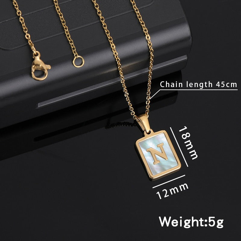 New Stainless Steel Square Letter Necklace Female Gold Shell Inlaid Titanium Steel English Pendant Necklace