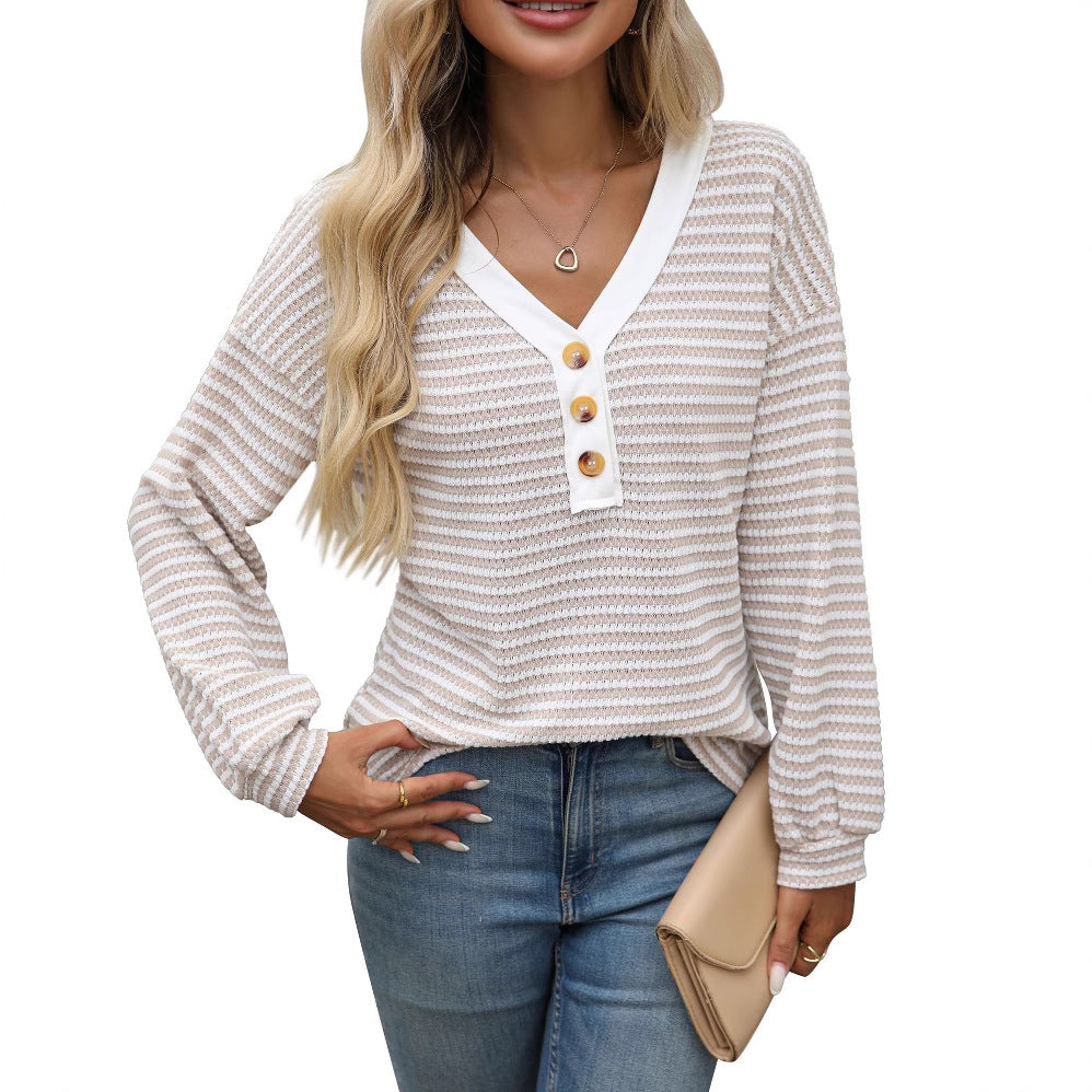 V-neck button top long sleeved color blocked T-shirt