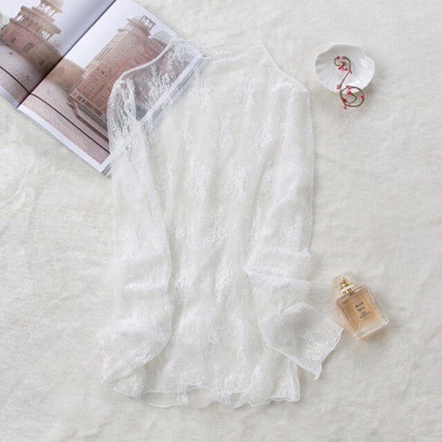 New Transparent Korean Loose Women Lace Blouse 3 Colors Female Bottoming Blouses S-3XL Size Cheaper Tops Kawaii T Shirt