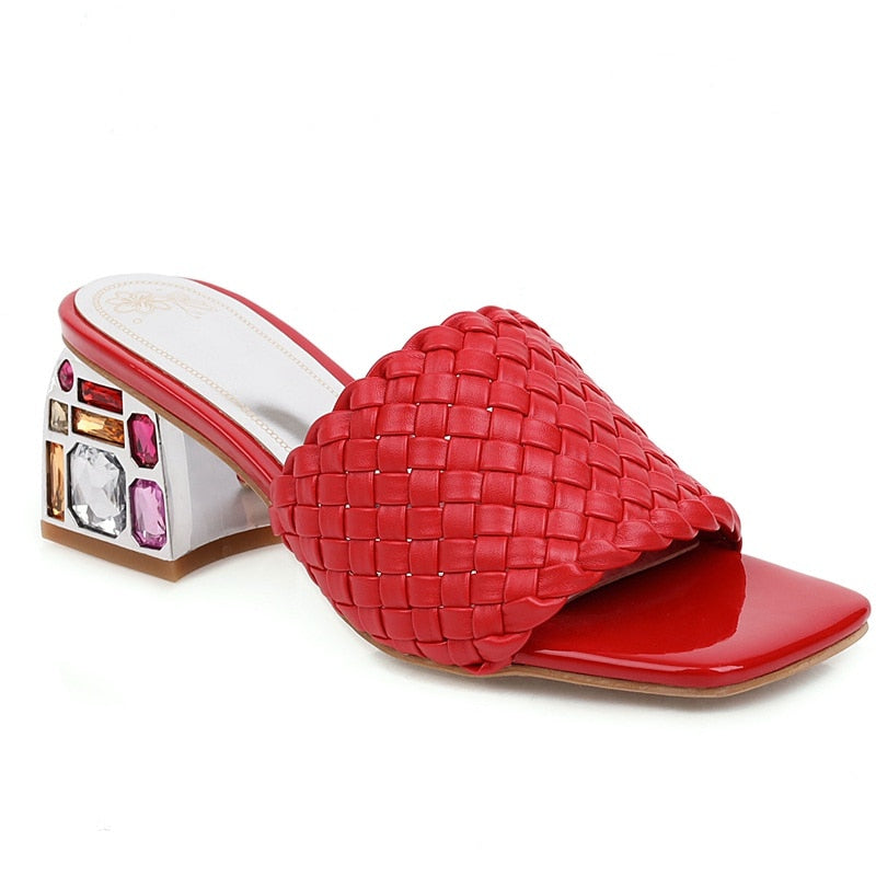 Comfort Summer Women Mules Shoes Outdoor Luxury Crystal Women Slide Low Heels Casual Knitted Beach Women's Slipper Large Size 48