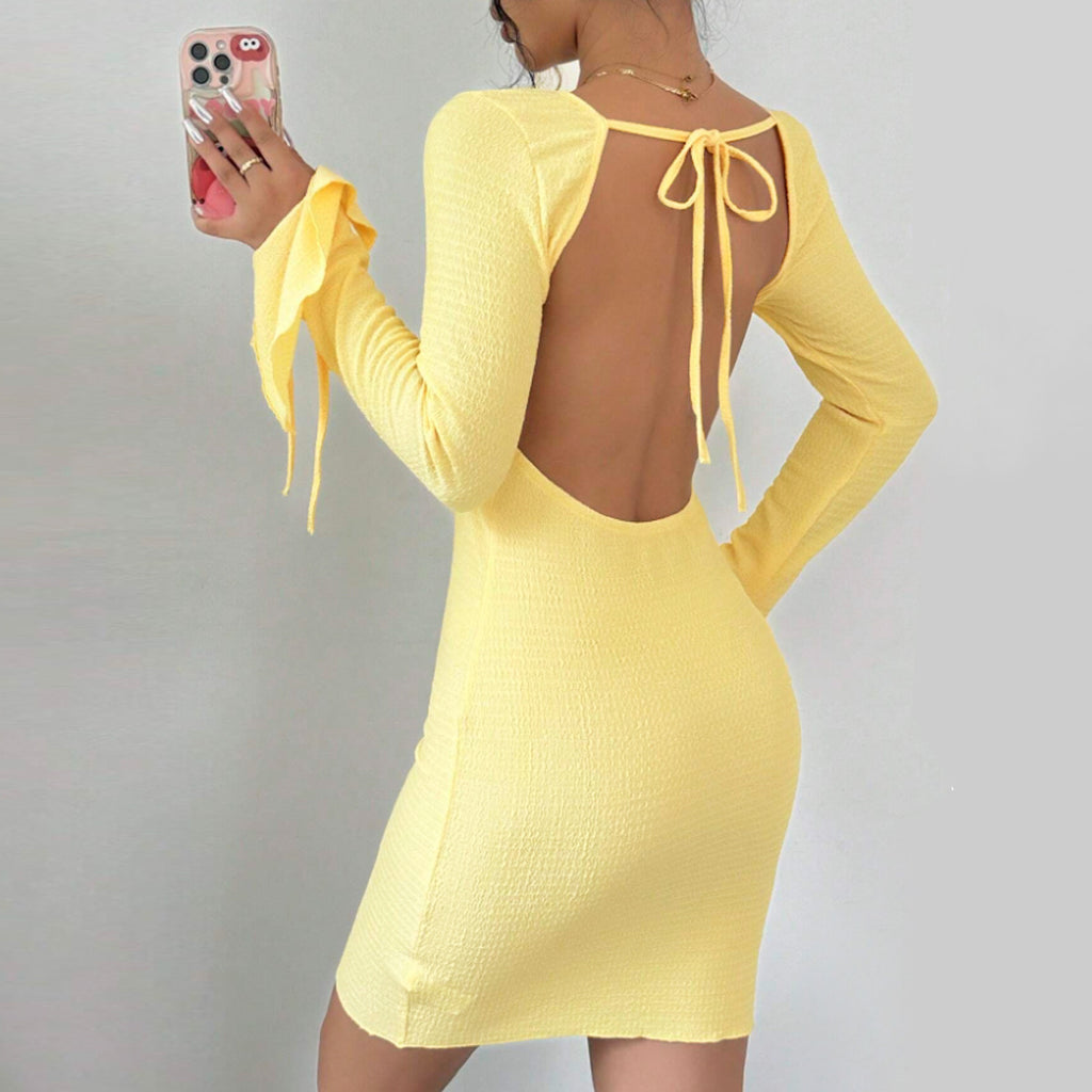 Sexy slim fit backless strap flared sleeve dress for women
