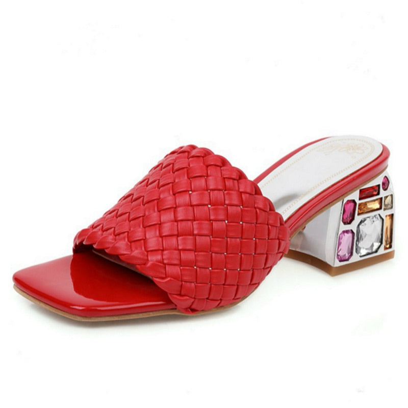 Comfort Summer Women Mules Shoes Outdoor Luxury Crystal Women Slide Low Heels Casual Knitted Beach Women's Slipper Large Size 48
