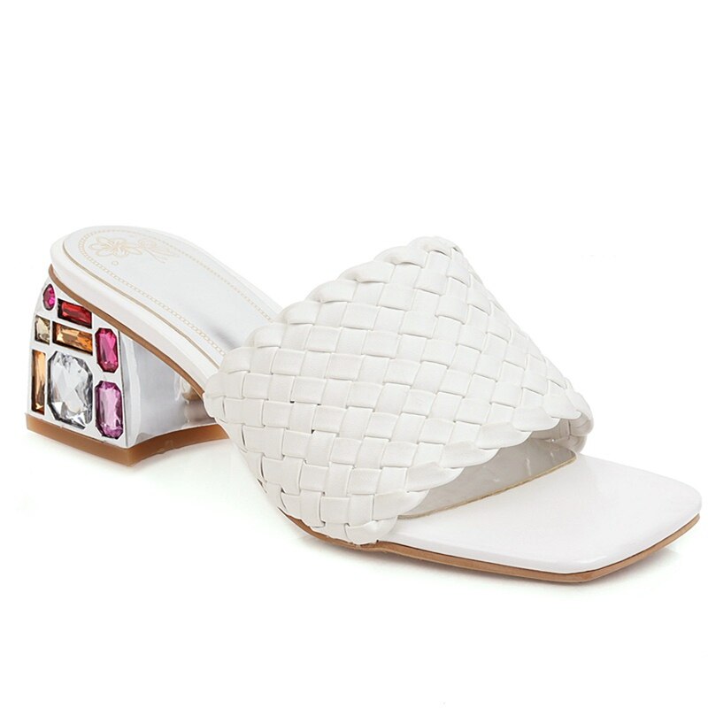 Comfort Summer Women Mules Shoes Outdoor Luxury Crystal Women Slide Low Heels Casual Knitted Beach Women's Slipper Large Size 48
