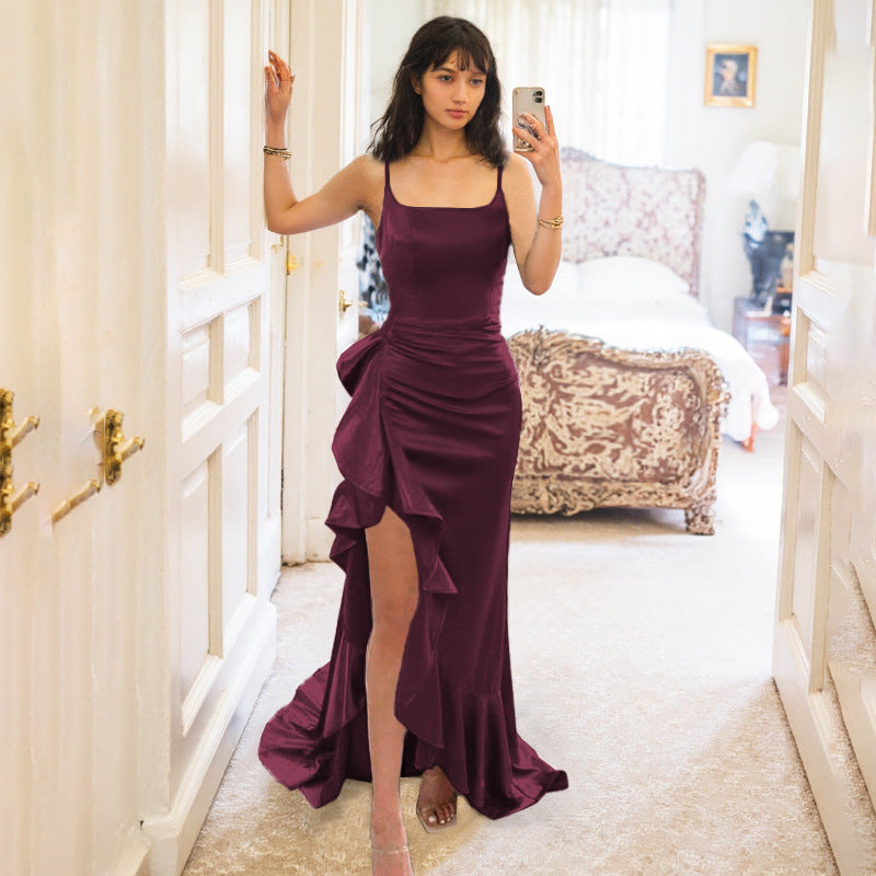 Sexy camisole ruffled slit dress for women