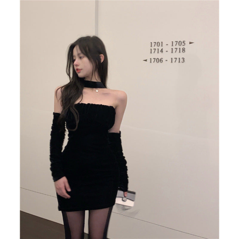 Retro Sexy Strapless Halter Dress for Women, Fitted Slim Bodycon Skirt