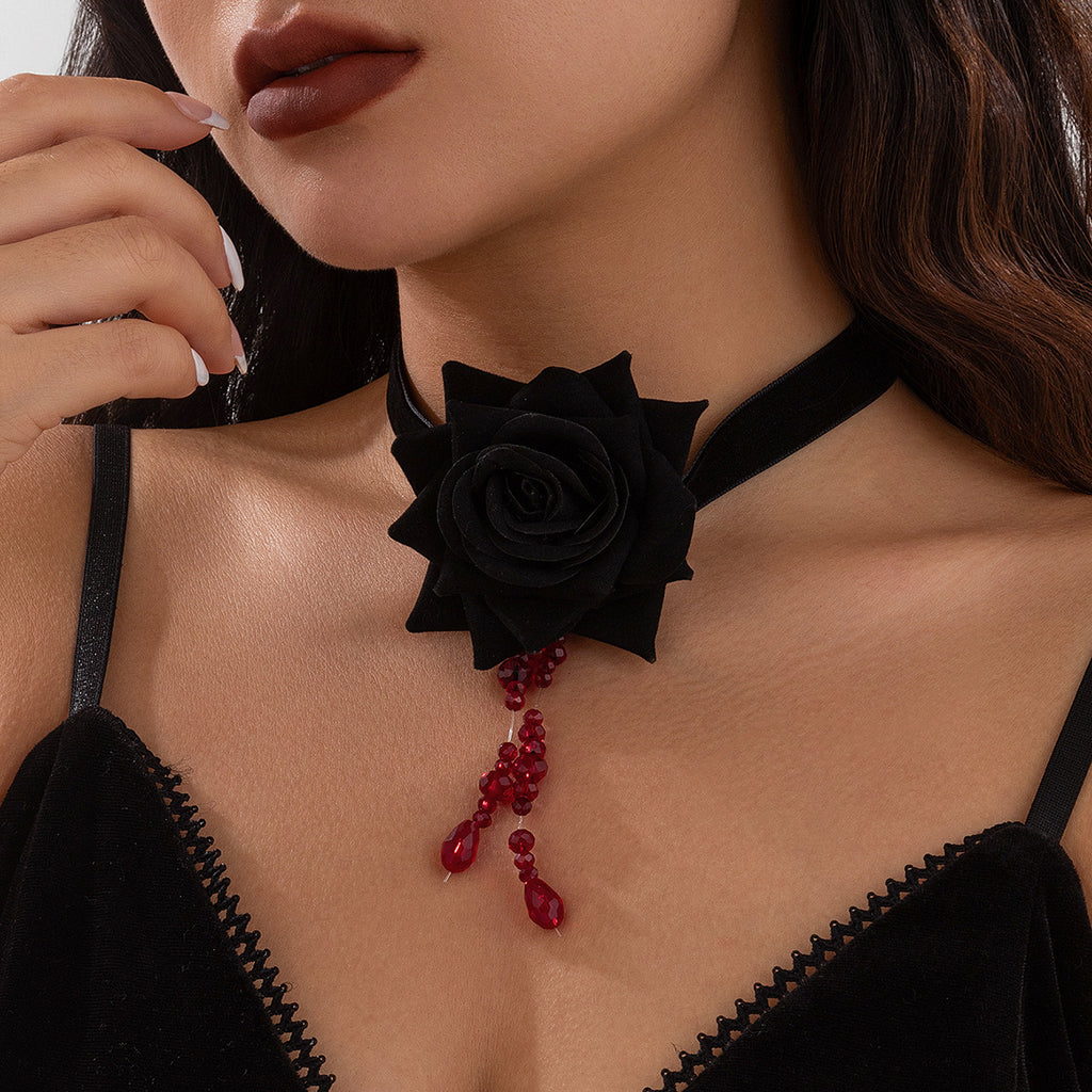 Retro rose velvet strap necklace with dark style imitation crystal tassel collarbone chain for women