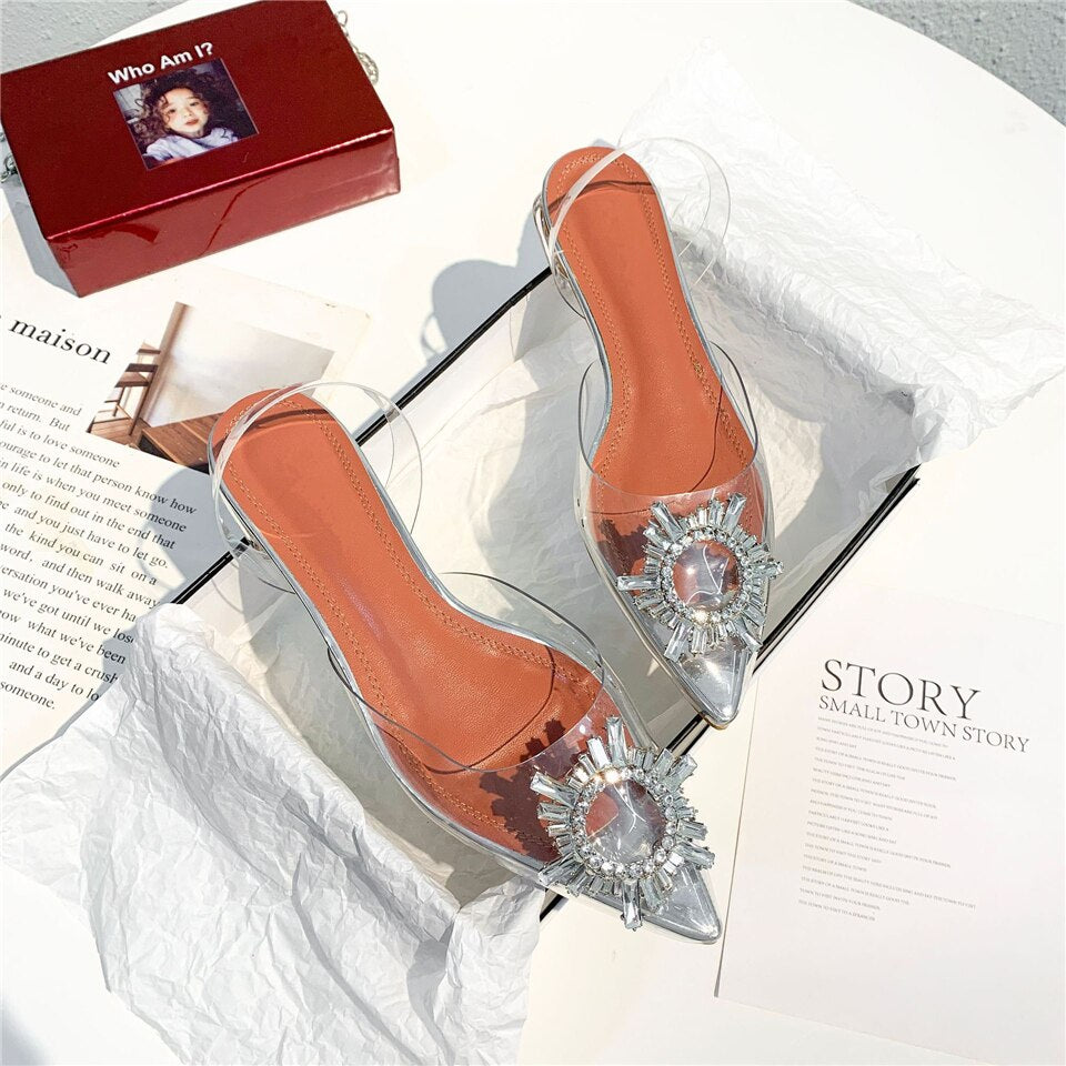 Clear PVC Transparent Sandals For Girls Women Flat Heel Point Toe Crystal Rhinestone Sunflower Buckle Decor Summer Shoes