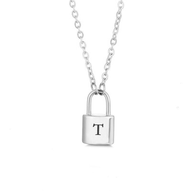 New Stainless Steel Silver 26 English Letter Lock Necklace Men And Women Concentric Lock Pendant Letter Necklace