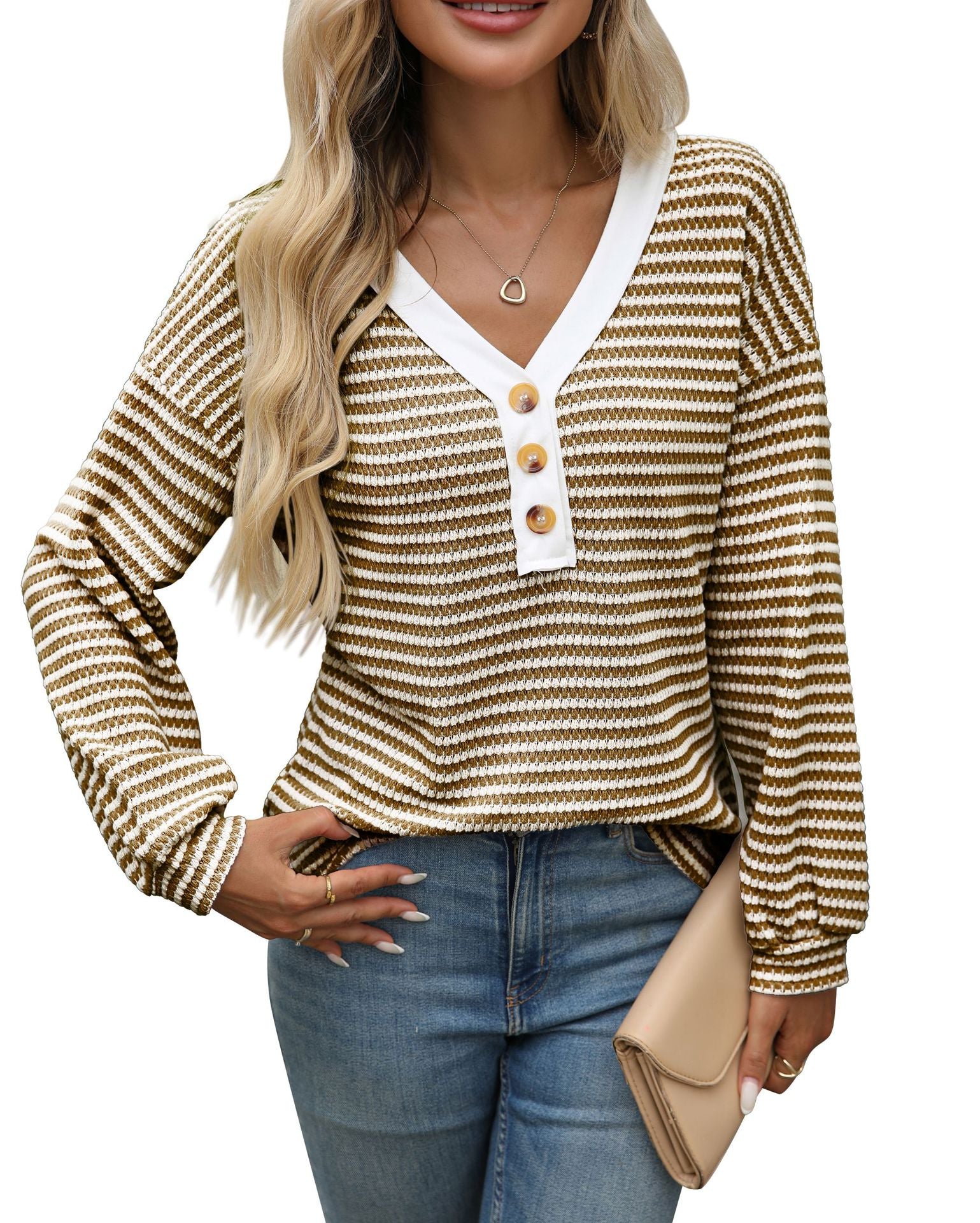 V-neck button top long sleeved color blocked T-shirt