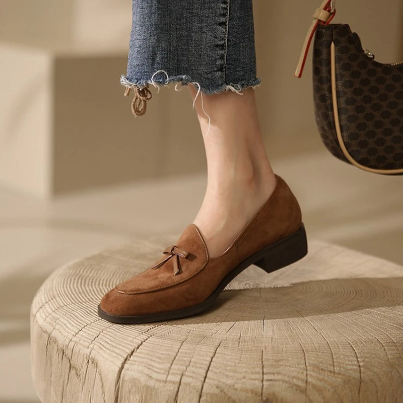 Spring/Autumn Women Loafers Genuine Leather Shoes for Women Round Toe Chunky Heel Shoes Casual Bow-knot Low Heel Women Pumps
