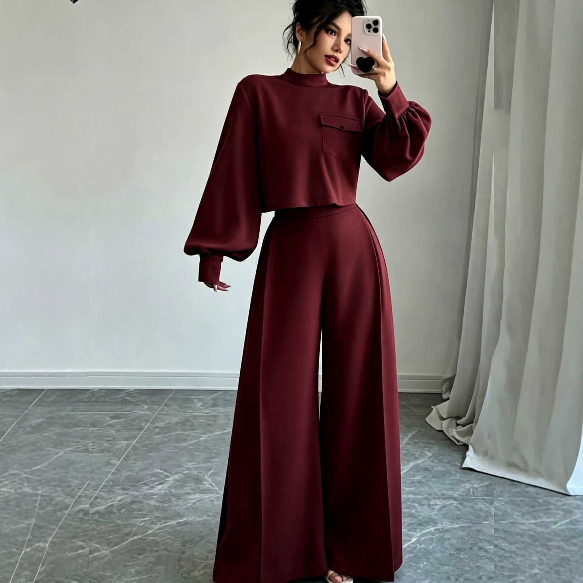 Solid color wide leg pants set for women