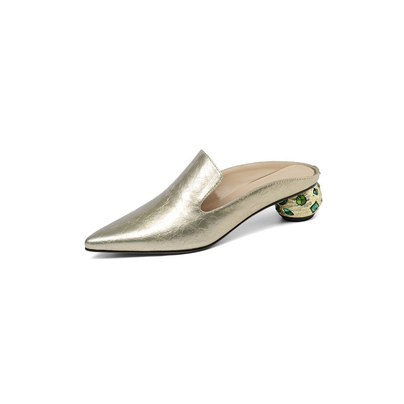 Women Thick Heels  New Arrival Rhinestone Pointed Toe Genuine Leather Slippers Mules Summer Crystal Sandals Shoes Woman