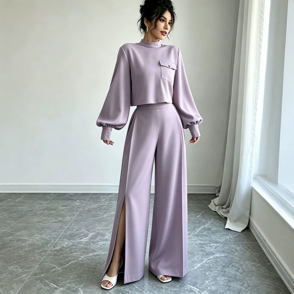 Solid color wide leg pants set for women