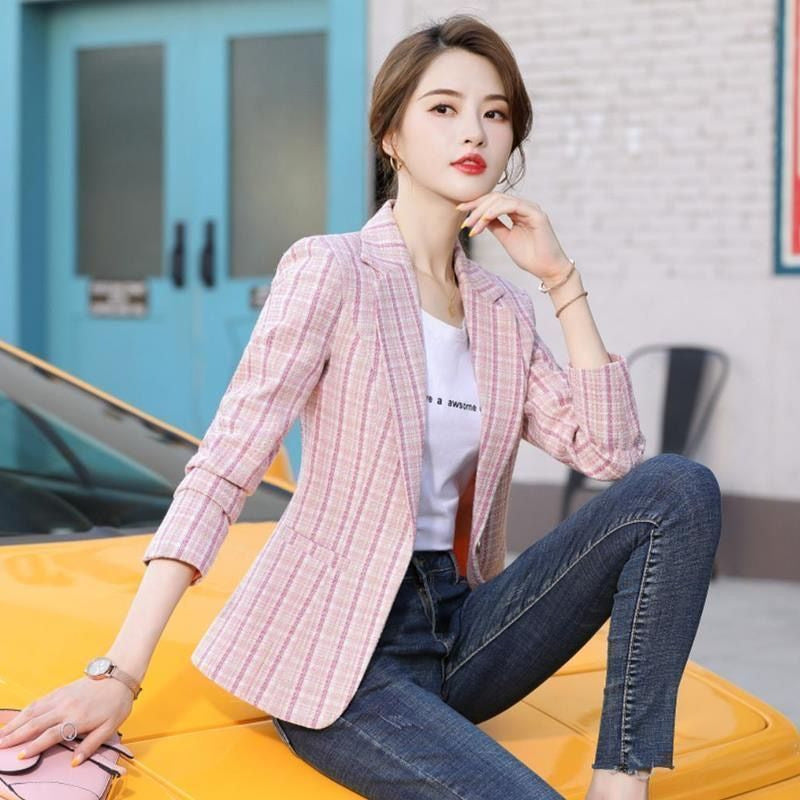 Blazer for Women, Short Length Checkered Pattern Casual Suit Coat