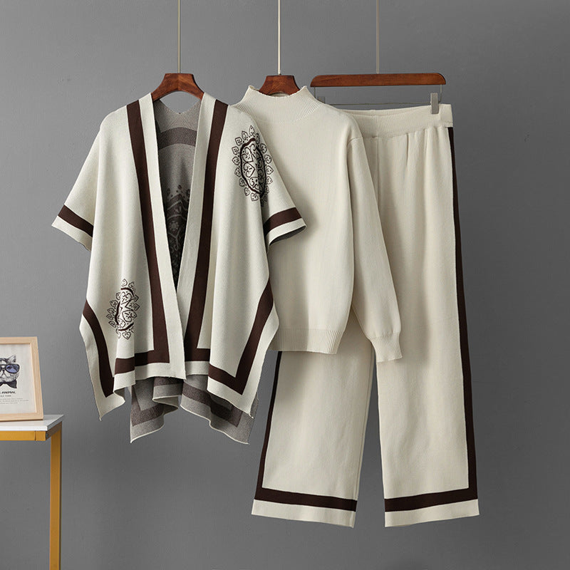 Women Three-Piece Knit Cape + Top + Casual Knit Pants