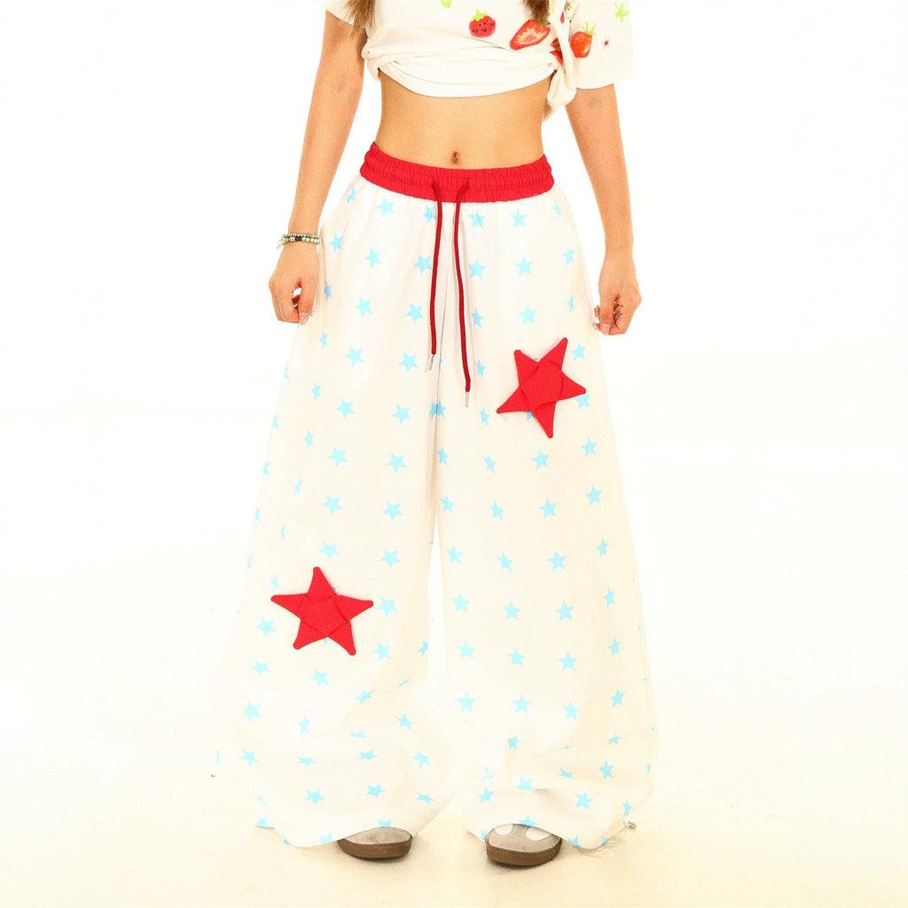 Vintage Star Print Casual Pants Women Wide Leg Pants
