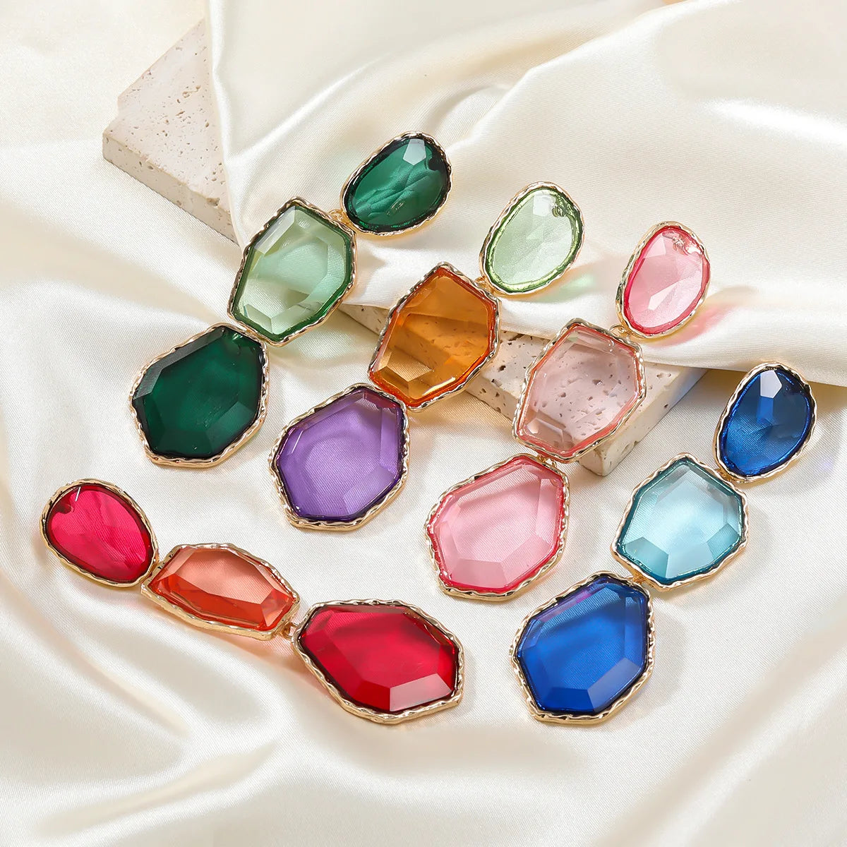 Polygonal Alloy Transparent Resin Colorful Matching Long Drop Earrings for Women Exaggerated Heavy Jewelry Summer
