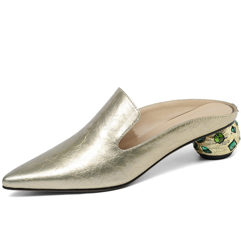 Women Thick Heels  New Arrival Rhinestone Pointed Toe Genuine Leather Slippers Mules Summer Crystal Sandals Shoes Woman