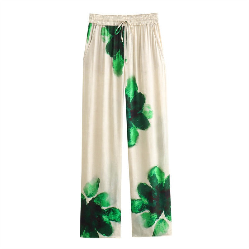 Silk floral print shirt straight leg pants set for women