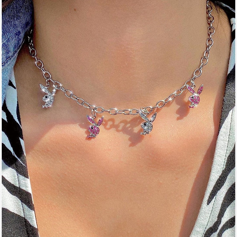 New Ins Hip-hop Stainless Steel Necklaces Twist Clavicle Chain Rhinestone Rabbit Necklace Choker For Women Fashion Jewelry