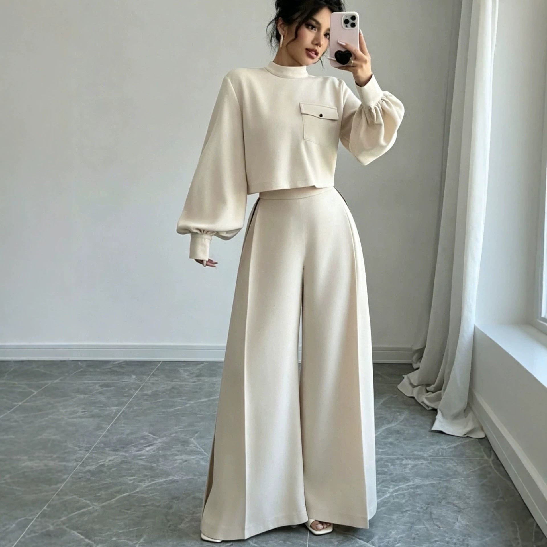 Solid color wide leg pants set for women