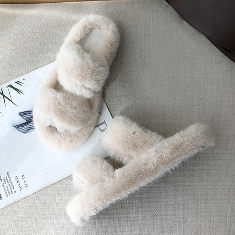 Winter House Women Fur Slippers Fashion Cross Band Warm Plush Ladies Plush Shoes Cozy Open Toe Indoor Fuzzy Slides For Girls