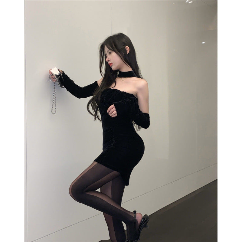 Retro Sexy Strapless Halter Dress for Women, Fitted Slim Bodycon Skirt