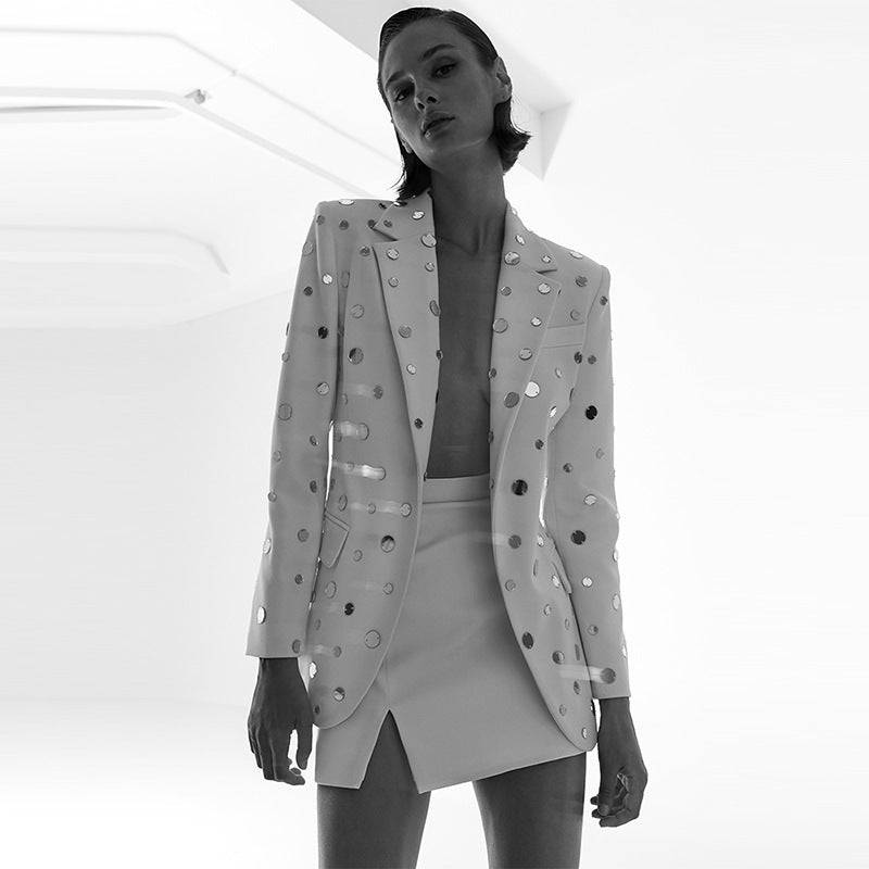 Luxury Sequined Beading Women Clothing New Arrivals One Button White Blazer Mujer Jacket