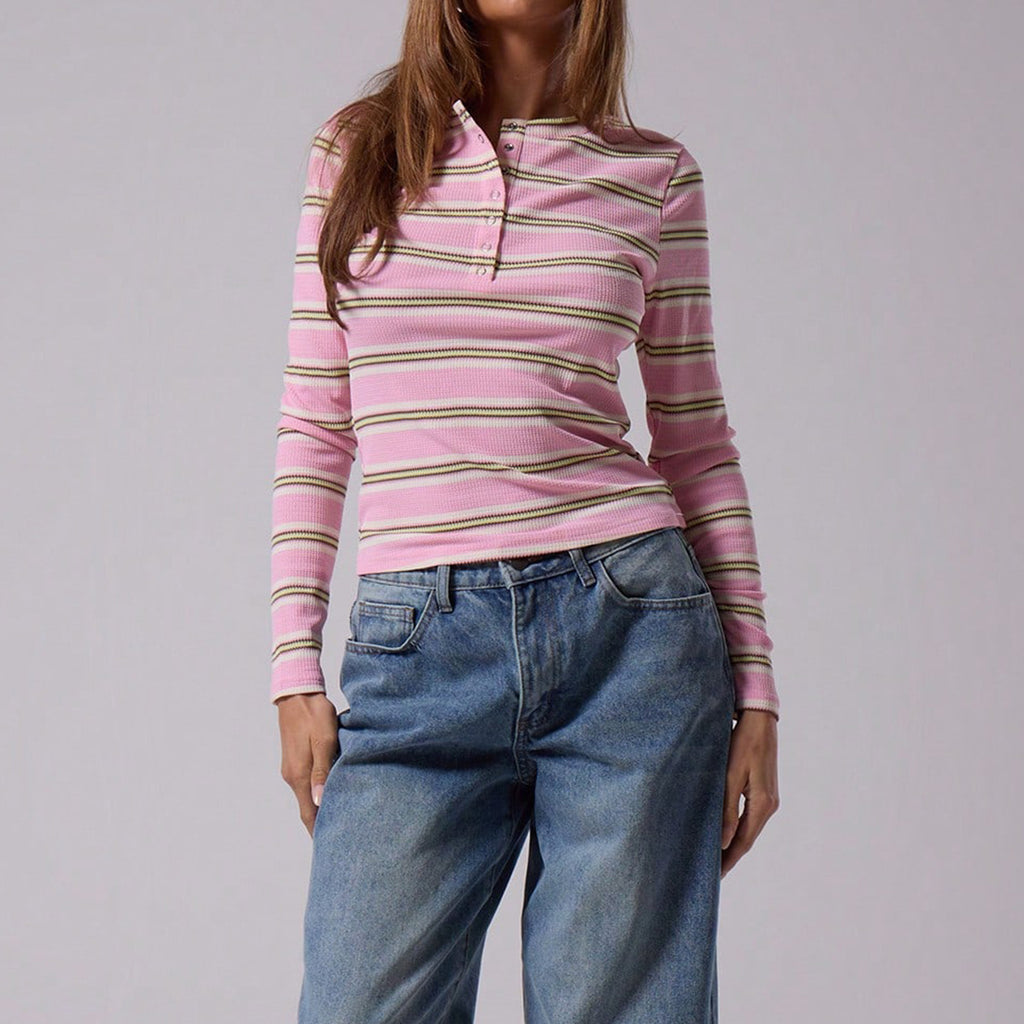 Casual button striped top for women