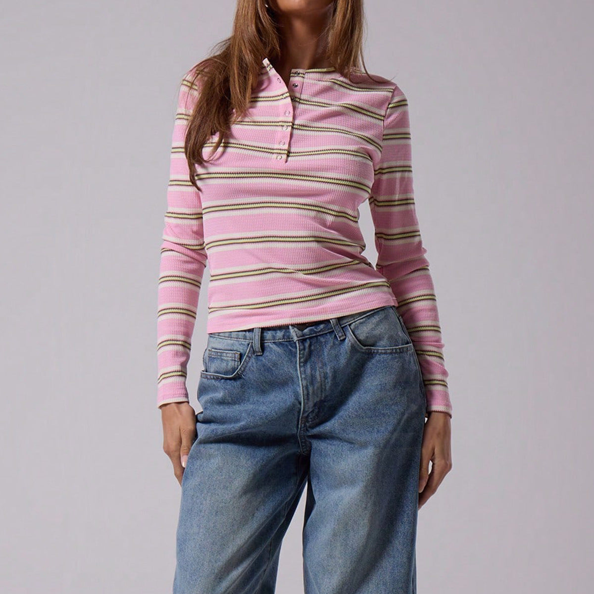 Casual button striped top for women