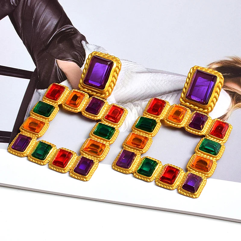 Hot Sell Hanging Gold Color Square Dangle Drop Earrings Colorful Crystal Fashion Rhinestone Jewelry Accessories For Women