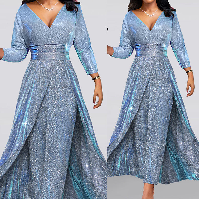 Elegant Evening Gown Dress with Sequined Double-Layered Skirt, Strapless Sexy Fashion Jumpsuit for Women