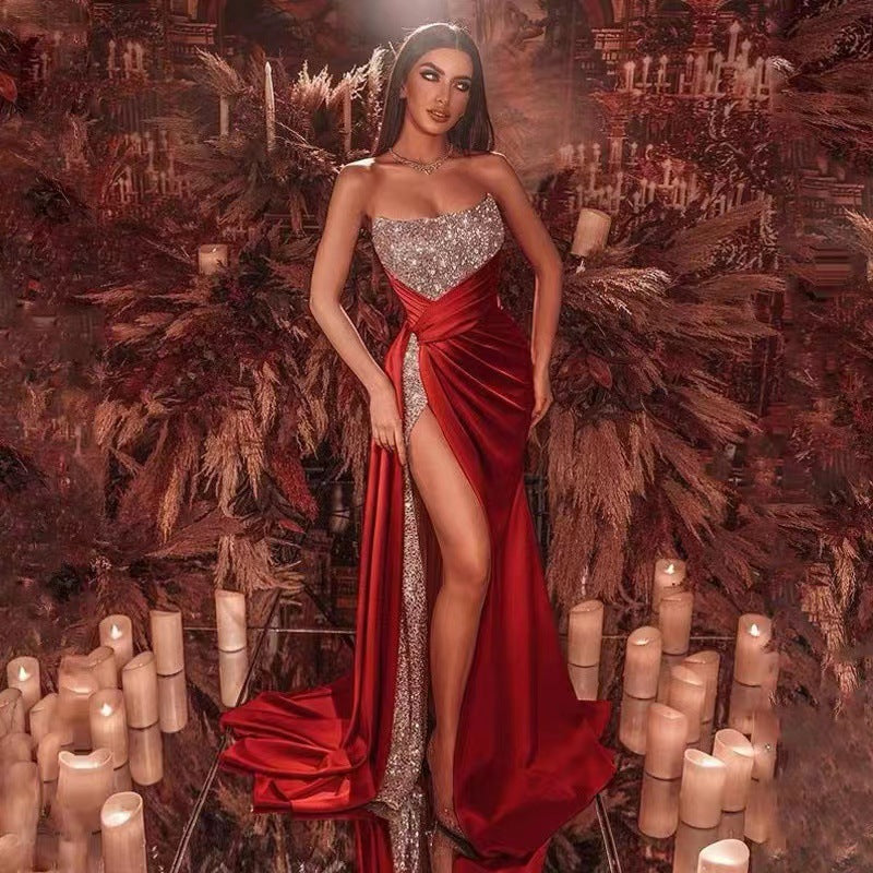 Glitter Split Maxi Dress for Women, Sexy Off-Shoulder Strapless Flared Long Dress, Evening Gown