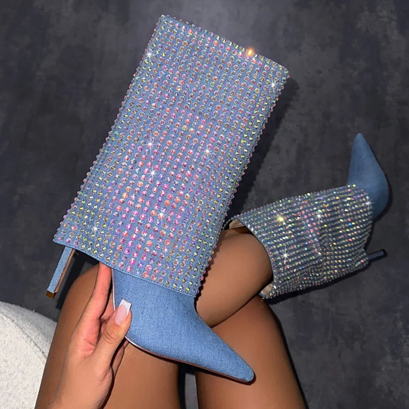 Eilyken  New Blue  Thin Heels Pointed Toe Women Knee High Boots Winter Shoes Female Booties Zapatos Mujer