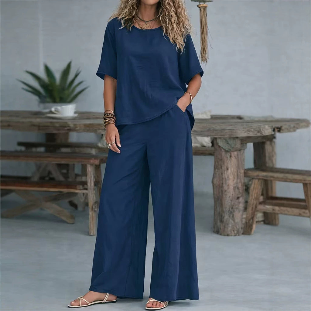 Casual Loose Rich Style Wide-Leg Pants Linen-Cotton Two-Piece Set for Women