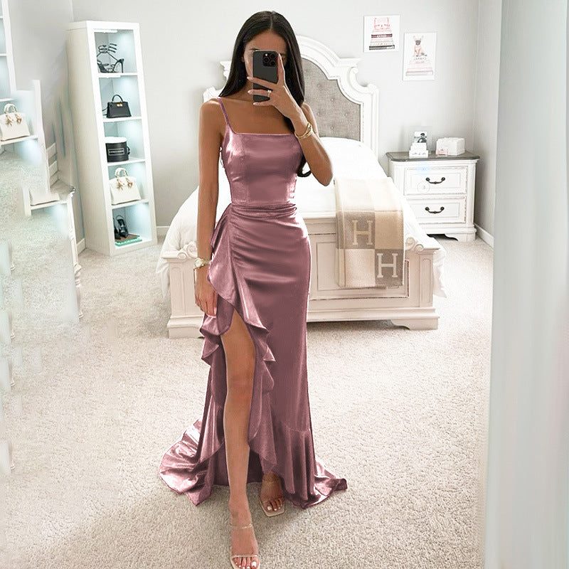 Sexy camisole ruffled slit dress for women