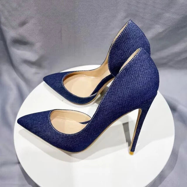 Women Navy Blue Denim Fabric Sexy  Pointy Toe High Heel Shoes Elegant Comfortable Soft Stiletto Pumps Plus