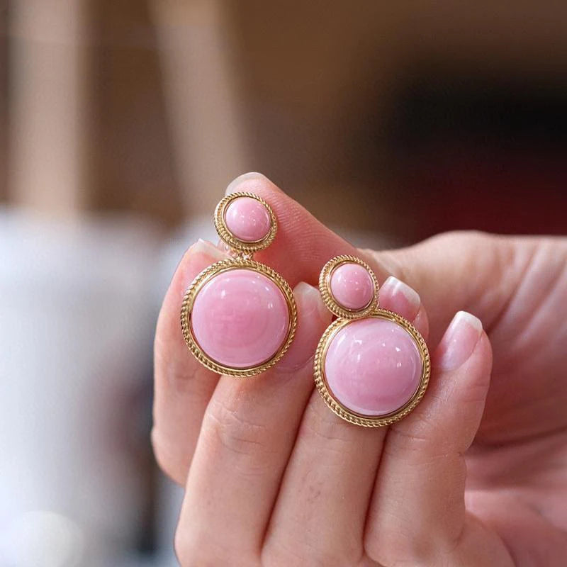 Three-dimensional craft design inlaid pink enamel round earrings temperament exquisite charm ladies jewelry accessories