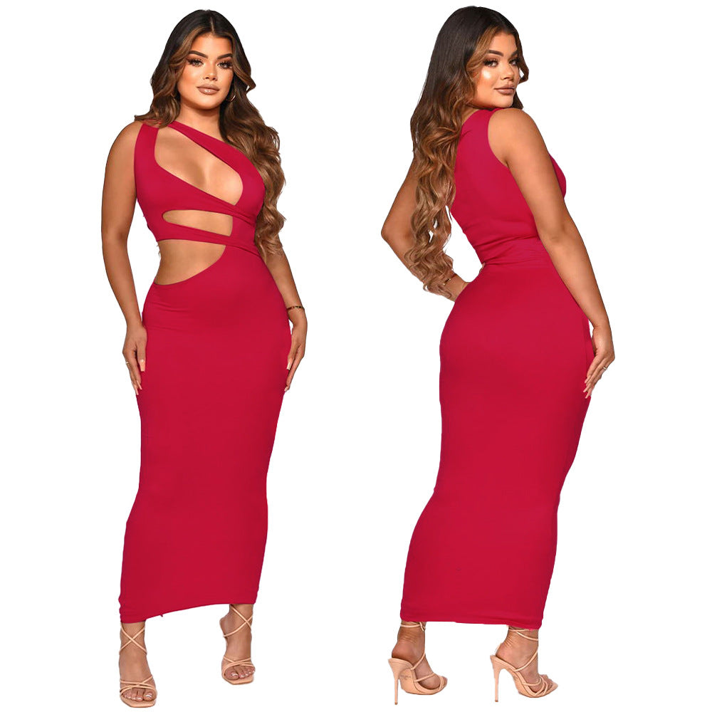 Slanted shoulder sleeveless dress for women