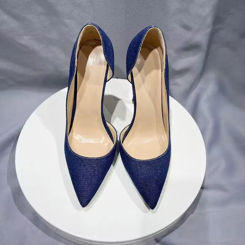 Women Navy Blue Denim Fabric Sexy  Pointy Toe High Heel Shoes Elegant Comfortable Soft Stiletto Pumps Plus