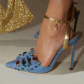 Women Gem-embellished Bow Pump In Denim Sexy Pointed Toe Stiletto Heel Shoes Female Colorful Crystal Buckles Ankle Strap Sandals