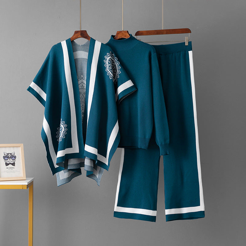 Women Three-Piece Knit Cape + Top + Casual Knit Pants