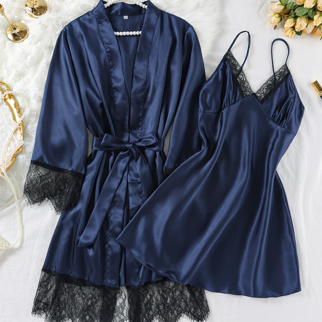 Women's Four-Season Loungewear Set with Tie-Up Robe and Sleep Dress, Lightweight Mid-Length Sleepwear Set for Women