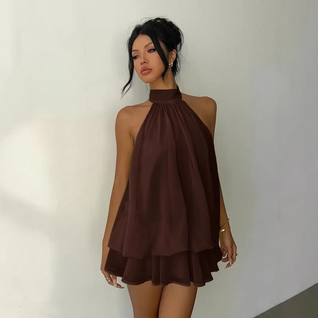 Solid Color Vacation Fitted Sexy Backless Halter Neck Cinched Waist Flared Mini Dress for Women