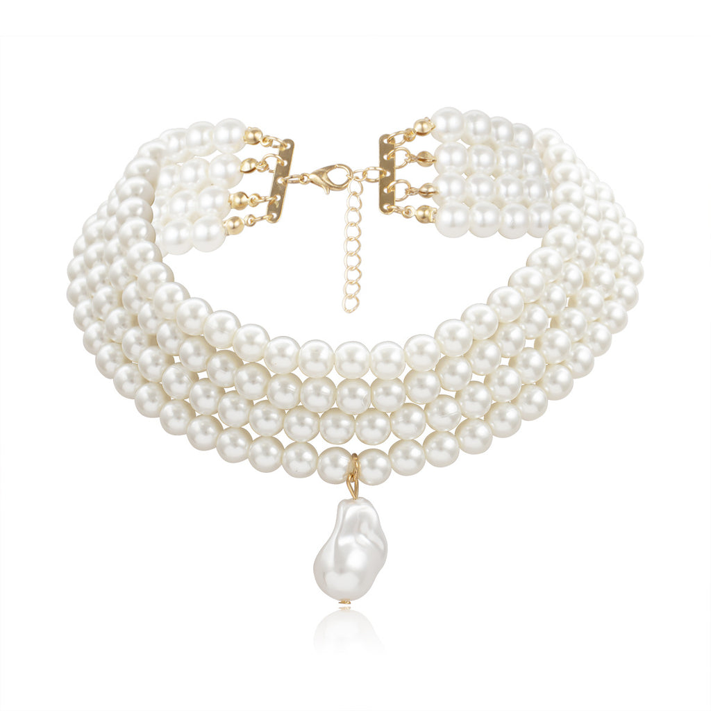 Personality Fashion Geometric Beaded Necklace Simple Multilayer Pearl Shaped Pendant Necklace Women