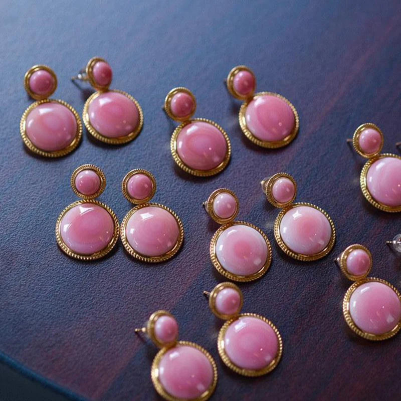 Three-dimensional craft design inlaid pink enamel round earrings temperament exquisite charm ladies jewelry accessories