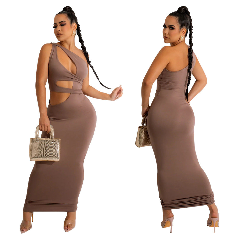 Slanted shoulder sleeveless dress for women