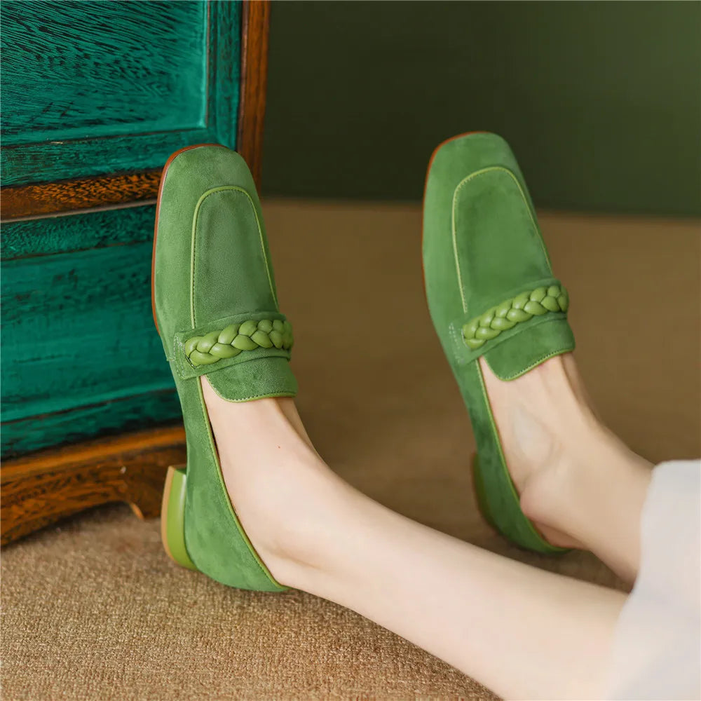 Concise Solid Color Women Soft Kid Suede Flats Slip On Round Toe Casual Street Shoes Handmade For Ladies