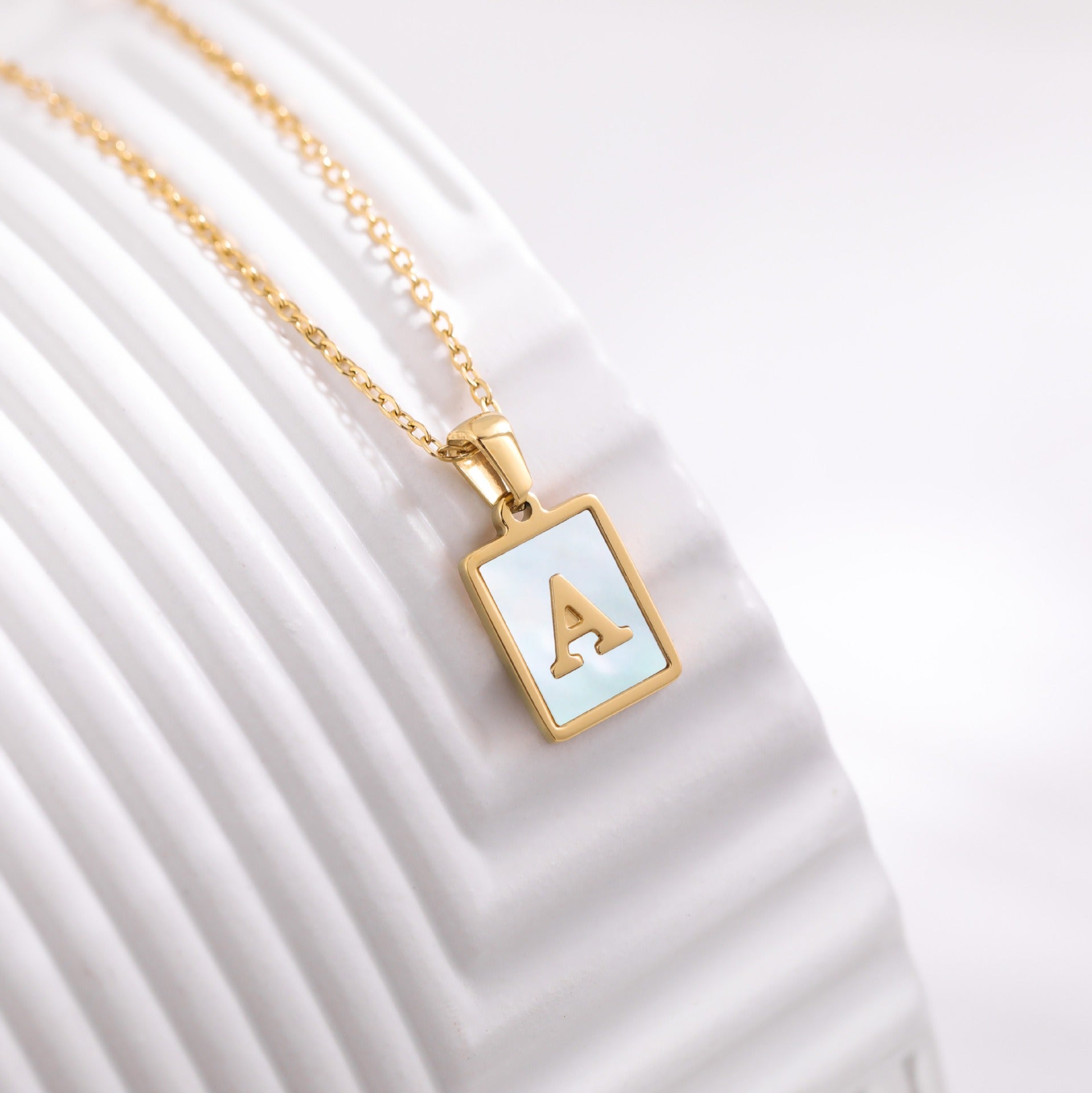 New Stainless Steel Square Letter Necklace Female Gold Shell Inlaid Titanium Steel English Pendant Necklace