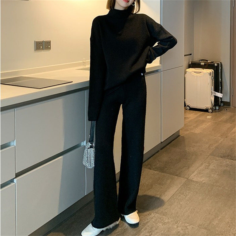 Knitted sweater straight leg wide leg pants set for women, autumn and winter cross-border fashion and western-style two-piece set for women